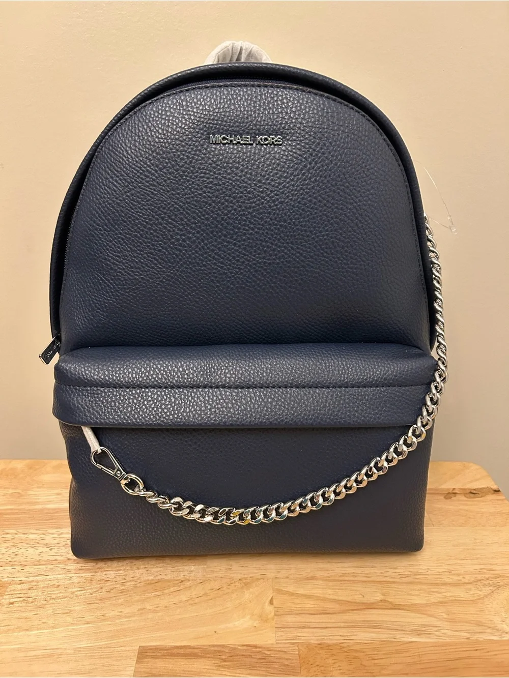 Michael Kors Navy Pebbled Leather Backpack with Silver Chain